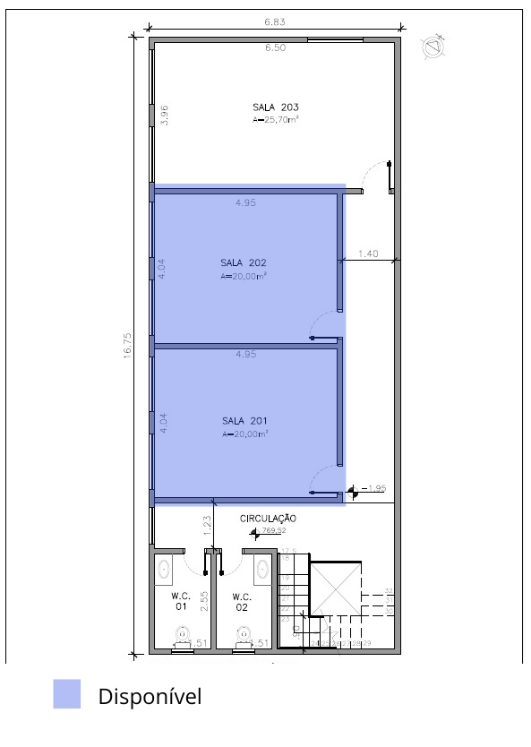 Planta do pavimento inferior com as salas 201 e 202 destacadas em azul